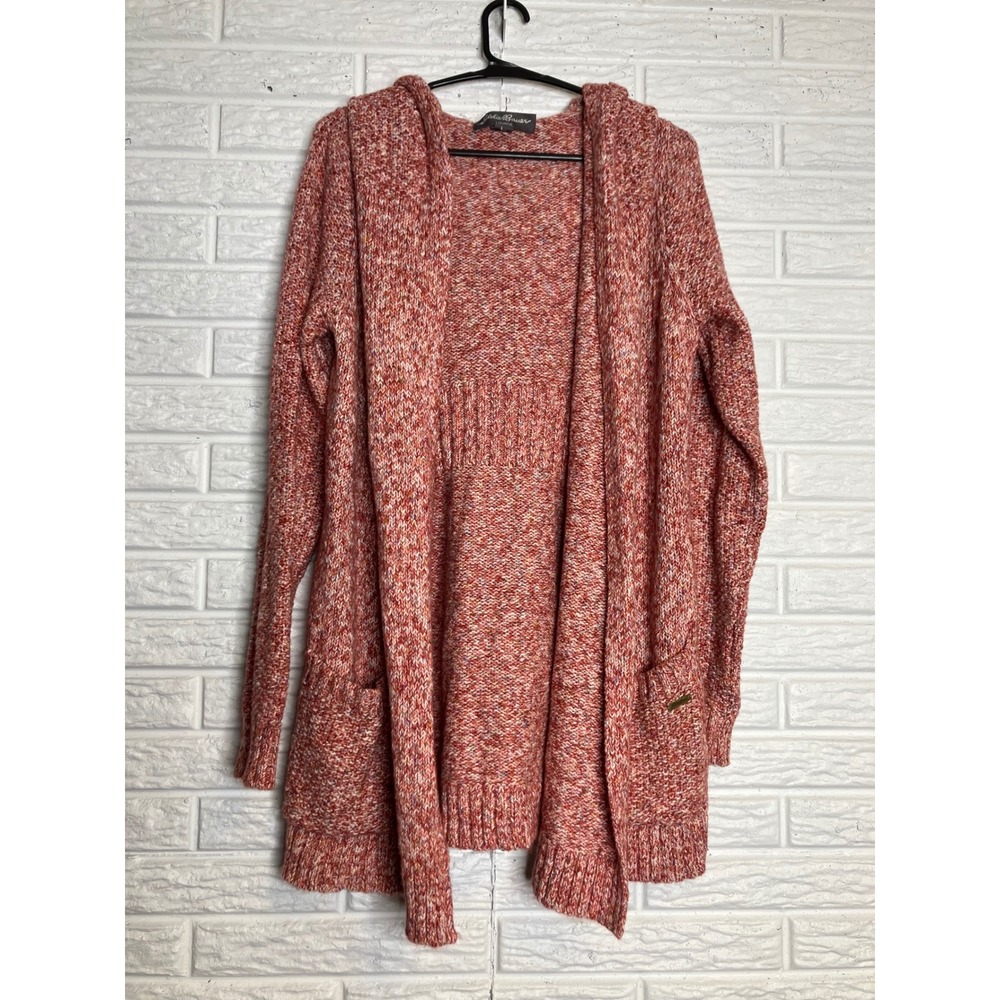 Eddie Bauer Lounge Hooded Cardigan Womens Medium Pink Marled Knit Open Front